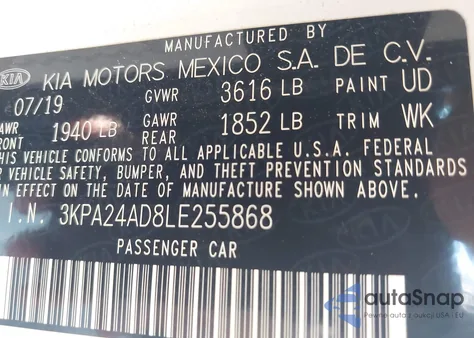 2020 Kia Rio S z USA, uszkodzony, nr VIN 3KPA24AD8LE255868